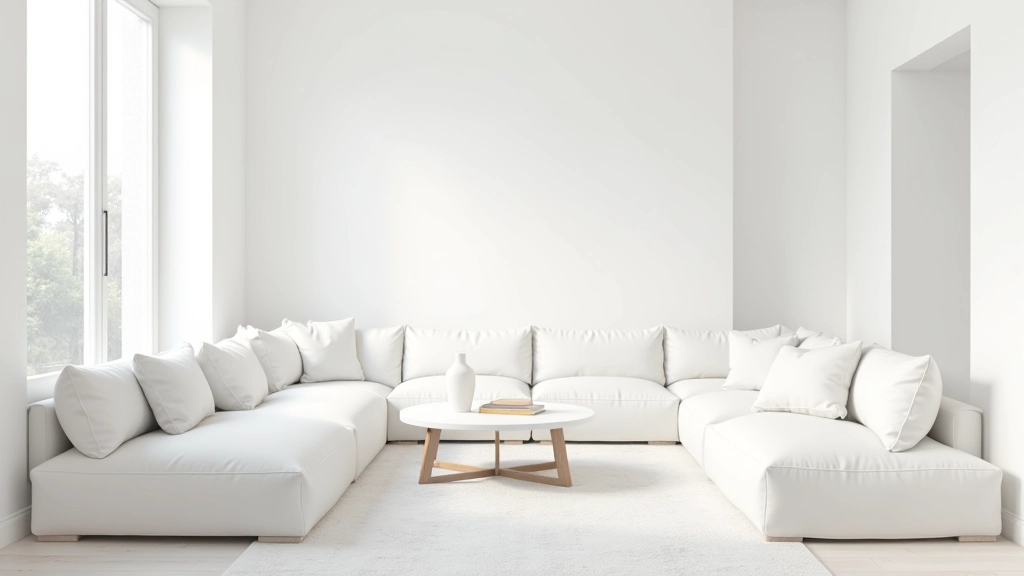 Sala de estar minimalista com móveis brancos simples, paredes claras e janela grande