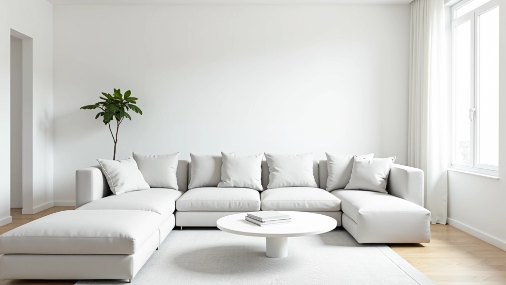 Interior minimalista com móveis de linhas limpas, paredes neutras e iluminação natural, design escandinavo português