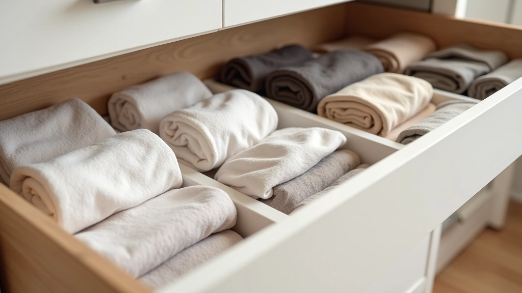 Organização de gavetas com divisores, roupas dobradas metodicamente, sistema de armazenamento eficiente